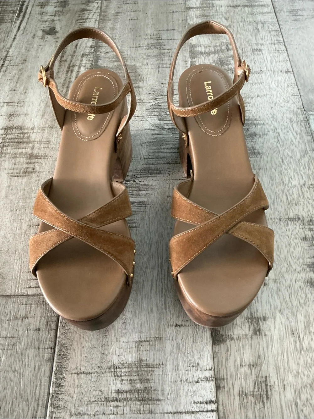 Larroude Suede Platform Sandals in Russet with Gold Accents 7.5